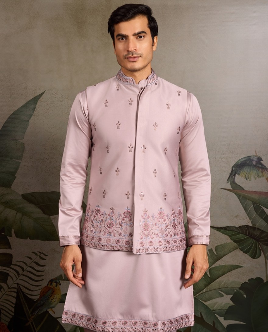 61102-PINK - Dusty Pink Embroidered Kurta Set for Men